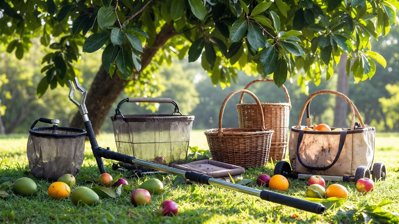 Variety of telescoping fruit pickers, padded baskets, and ground gatherers displayed in a home orchard setting