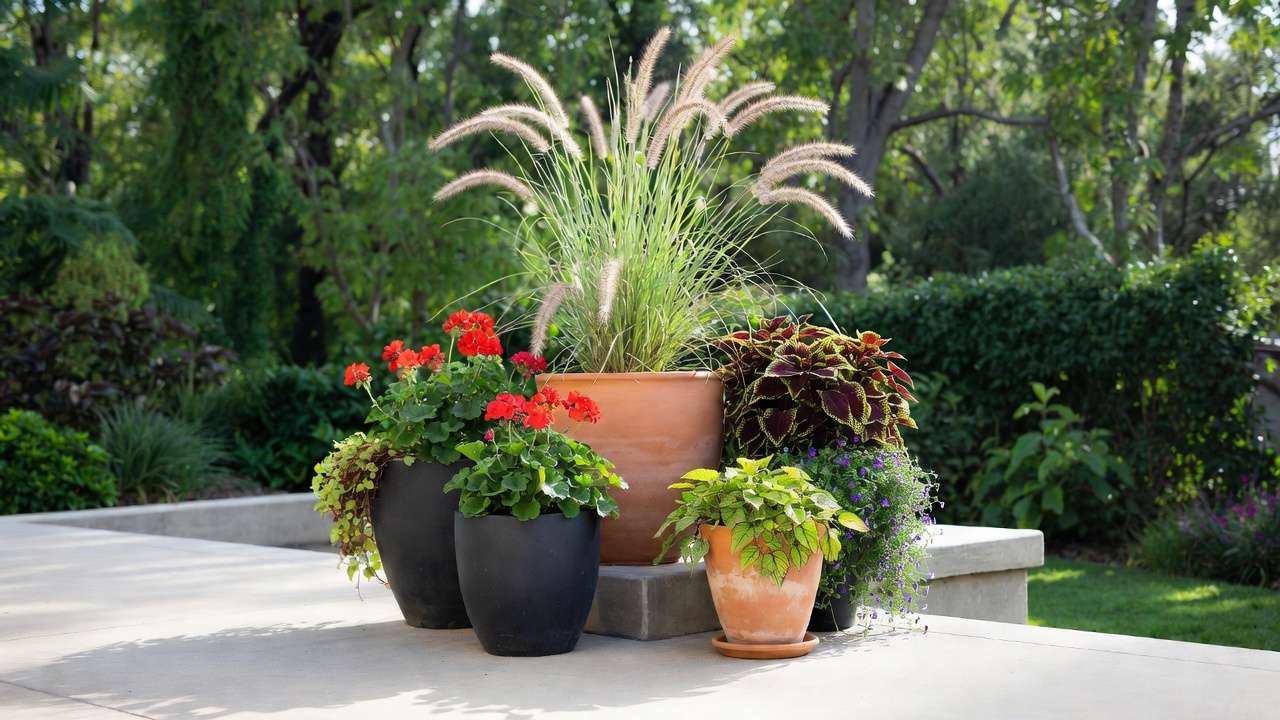 Asymmetrical grouping of five pots with thriller, filler, and spiller plants creating cohesive balance in a modern patio design