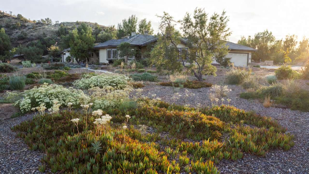 Fire-resistant landscaping with succulents and gravel creating defensible space around a home in wildfire area
