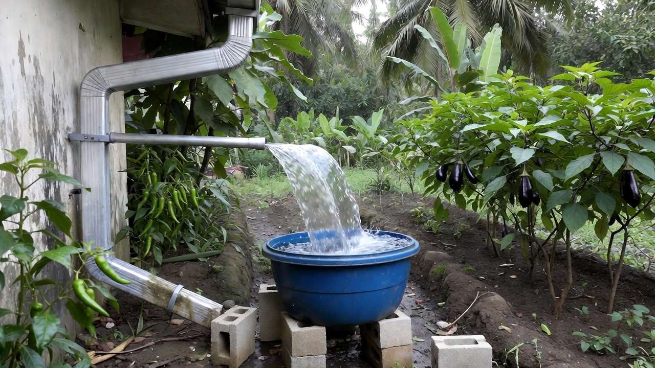 Downspout directing rainwater into large collection barrel next to tropical vegetable garden