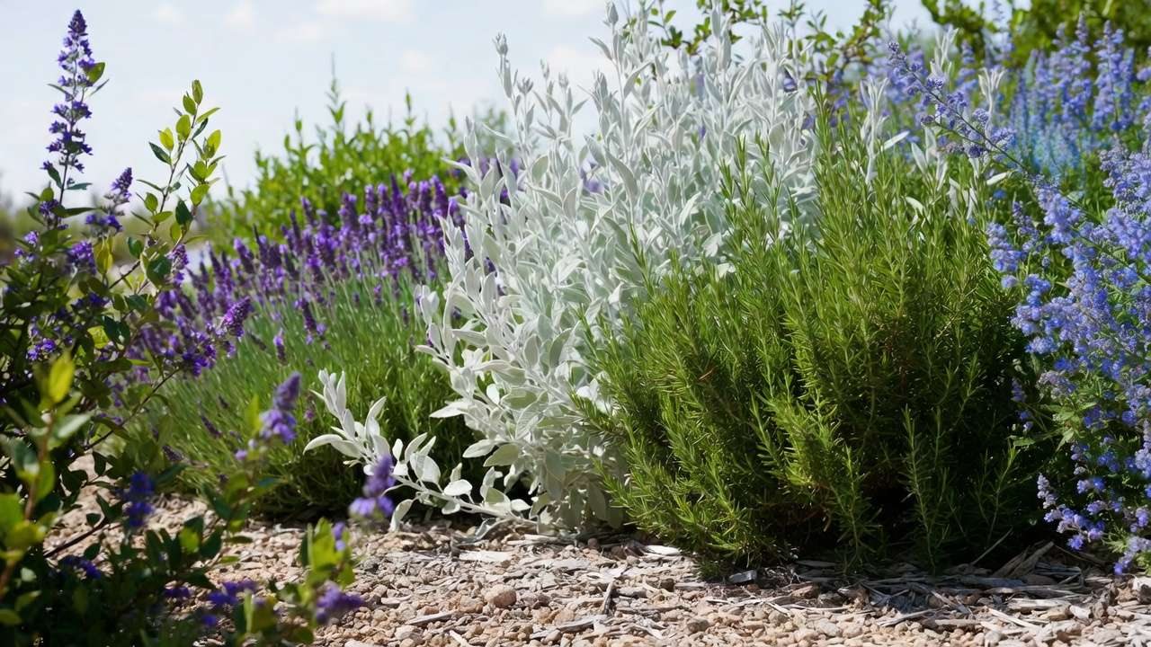 Collection of popular drought-tolerant bushes including lavender, Russian sage, rosemary, and ceanothus in a water-wise landscape