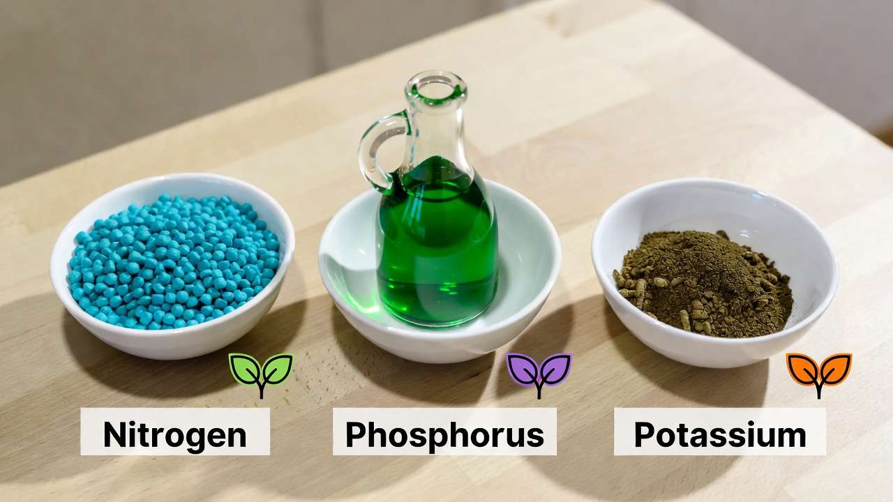 Close-up of different fertilizer types — granular slow-release, liquid, and organic worm castings — illustrating NPK basics for potted plants