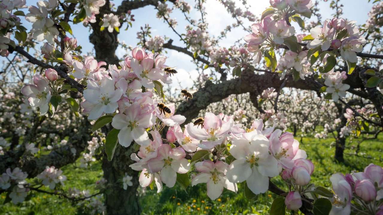 Honeybees pollinating blooming apple blossoms in a spring orchard for successful fruit tree cross-pollination