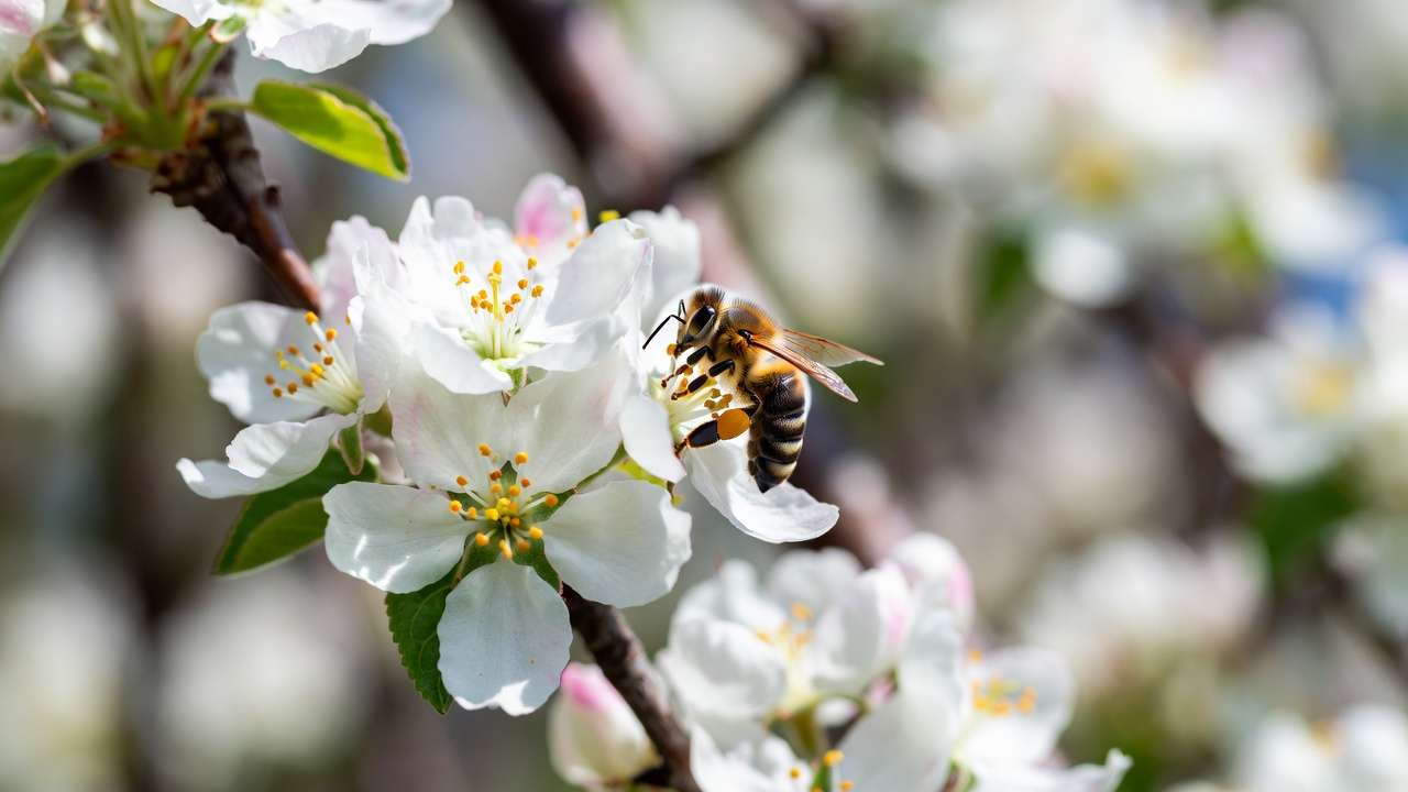 Close-up of honeybee on apple flower collecting pollen for effective fruit tree pollination