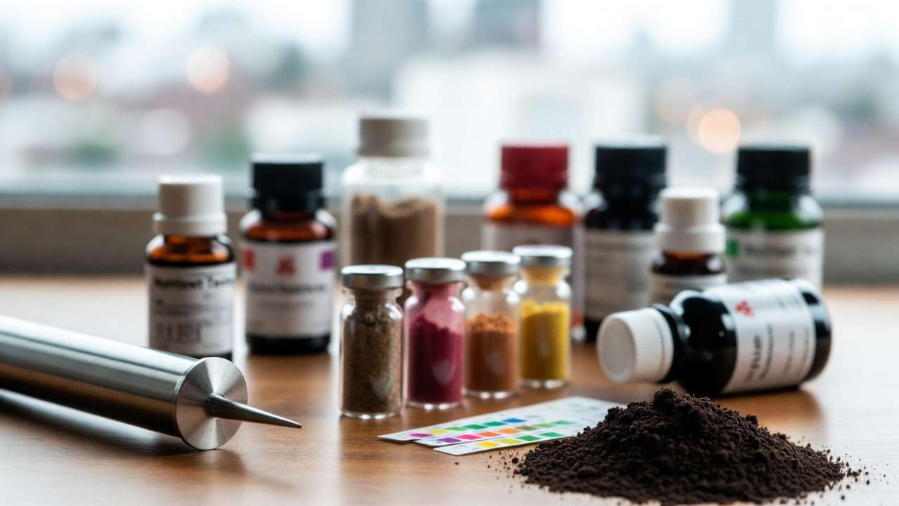 Close-up of professional urban soil testing tools and samples including pH strips and nutrient kits