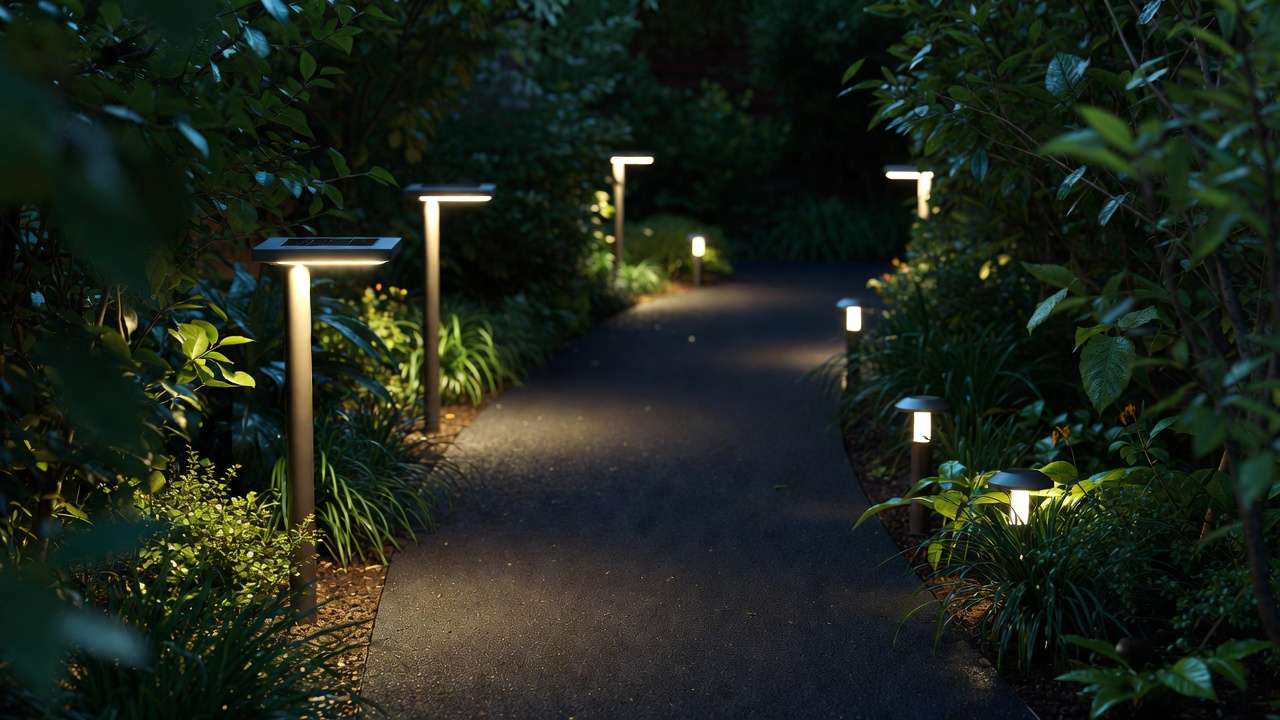 small garden pathway illuminated with solar bollard and ground path lights