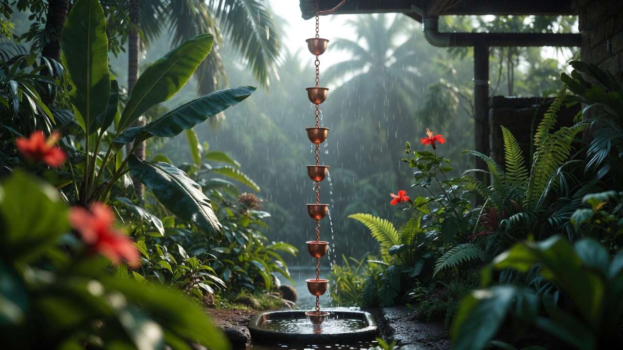 Copper rain chain cascading into stone basin in lush tropical garden during gentle rain