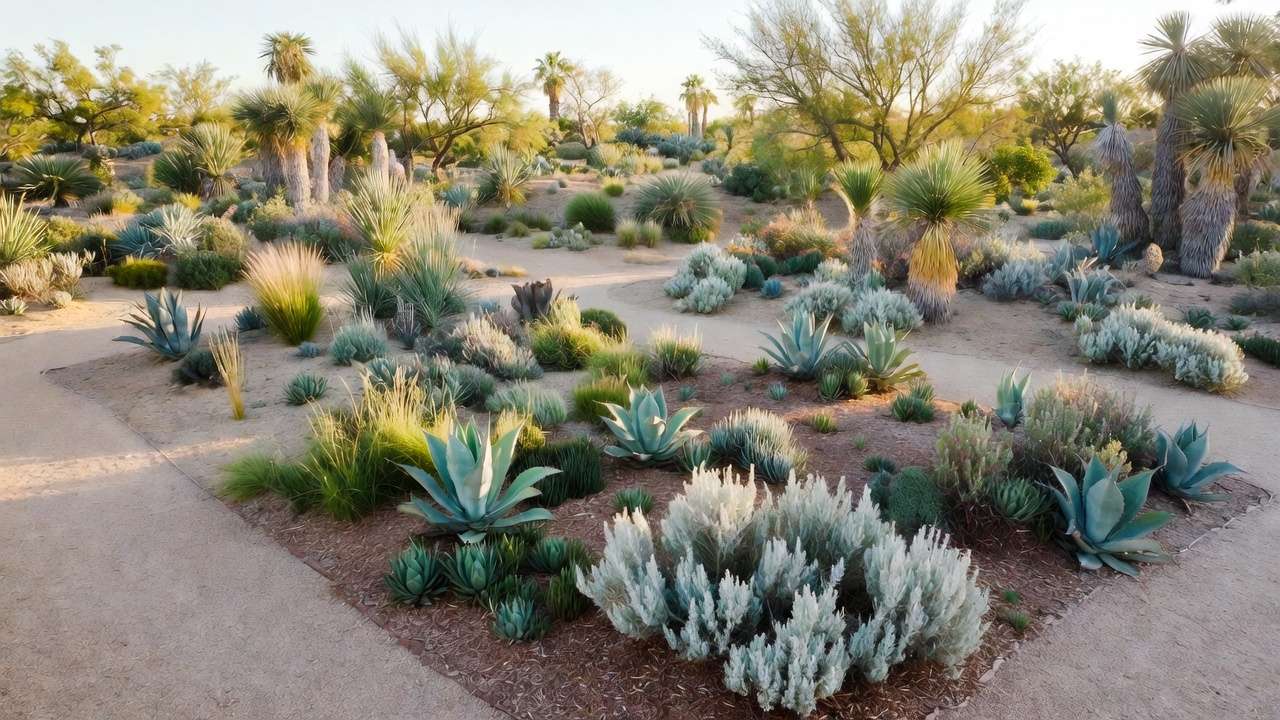 Thriving weed-free xeric garden with drought-tolerant plants and gravel mulch in sunny arid landscape