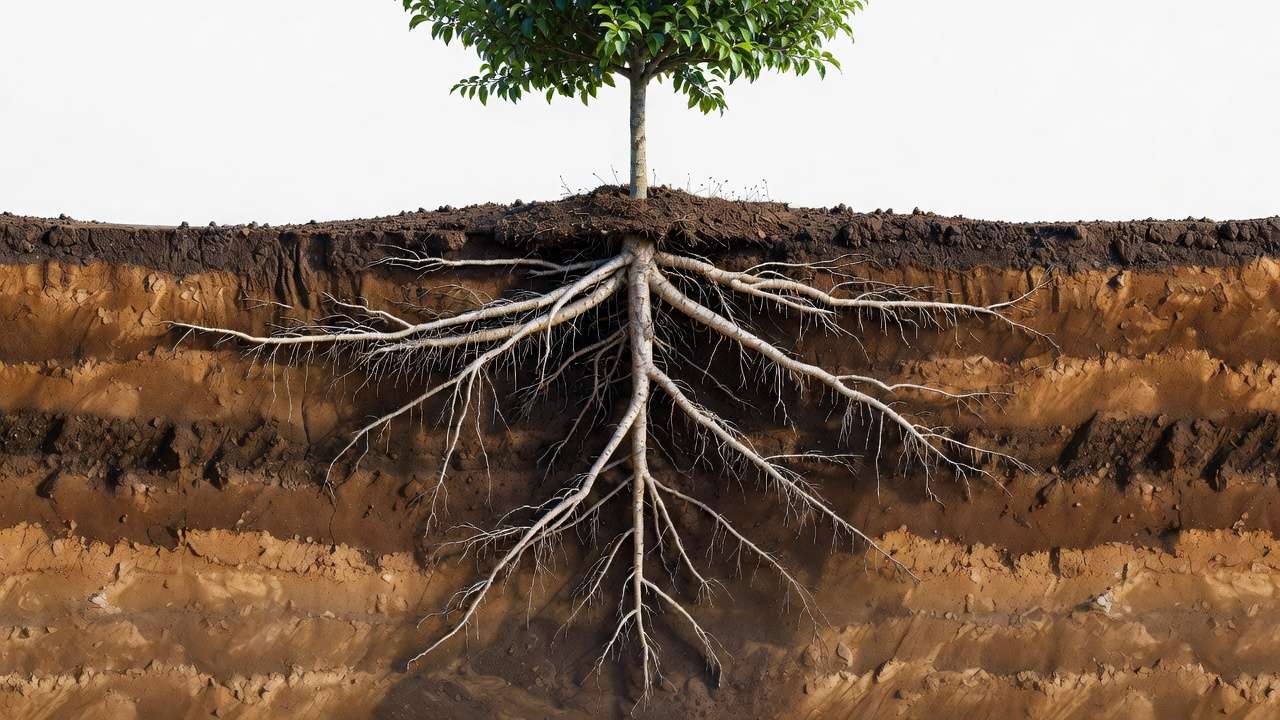Deep root system of young fruit tree developed from infrequent deep watering technique