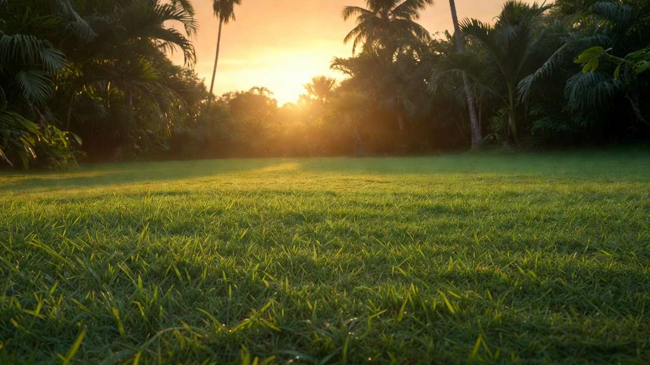 Lush green Bermuda grass lawn in tropical setting showing drought-tolerant healthy turf