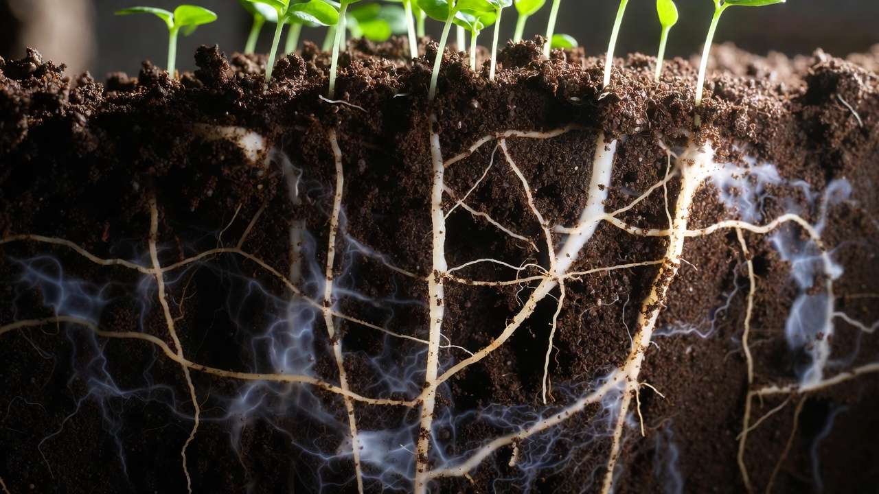 Healthy plant roots and mycorrhizal fungi network in soil for indoor air purification