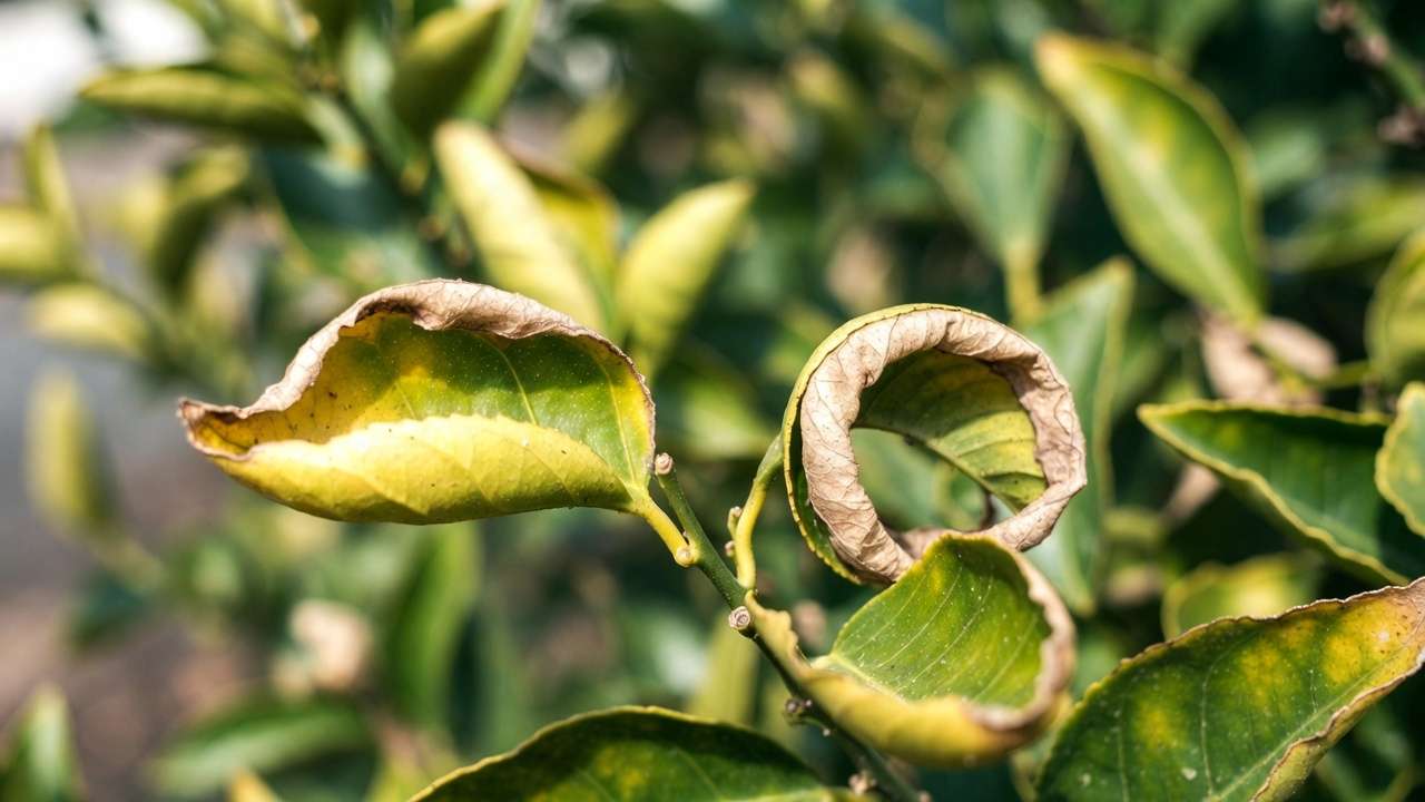 Citrus tree leaves curling taco shape from underwatering stress