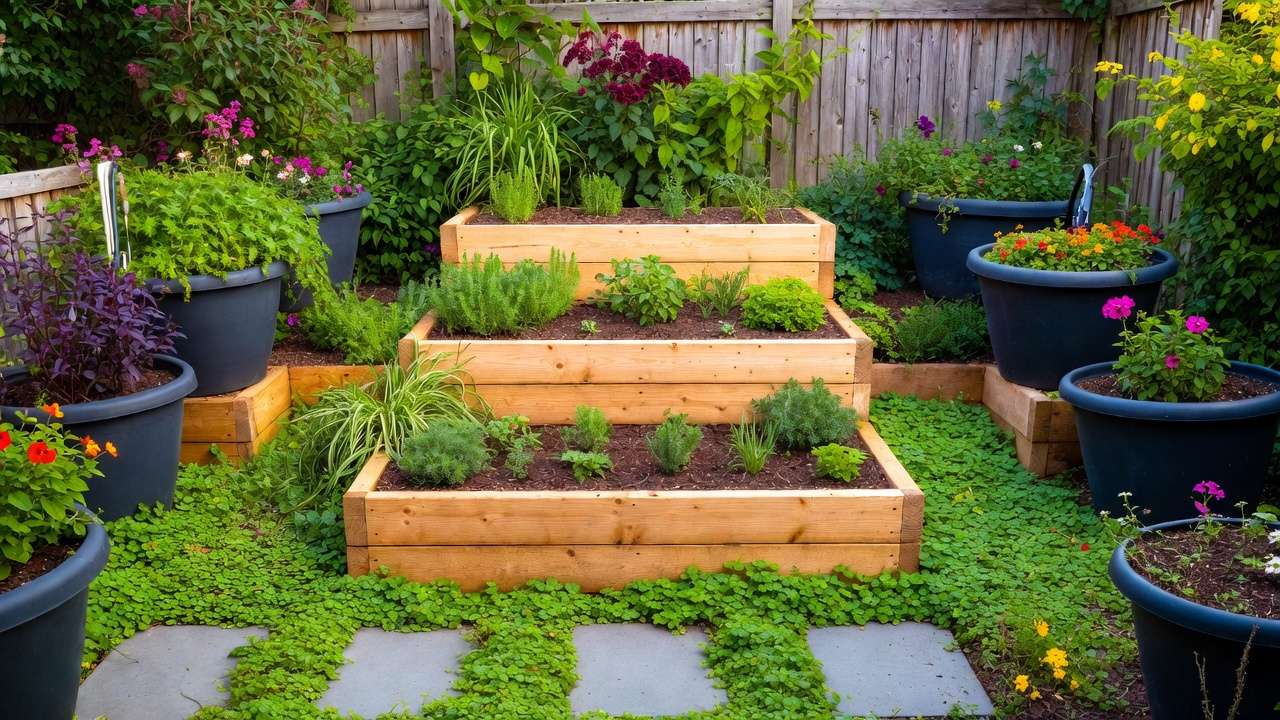 Tiered raised beds and containers with herbs and flowers in tiny backyard design