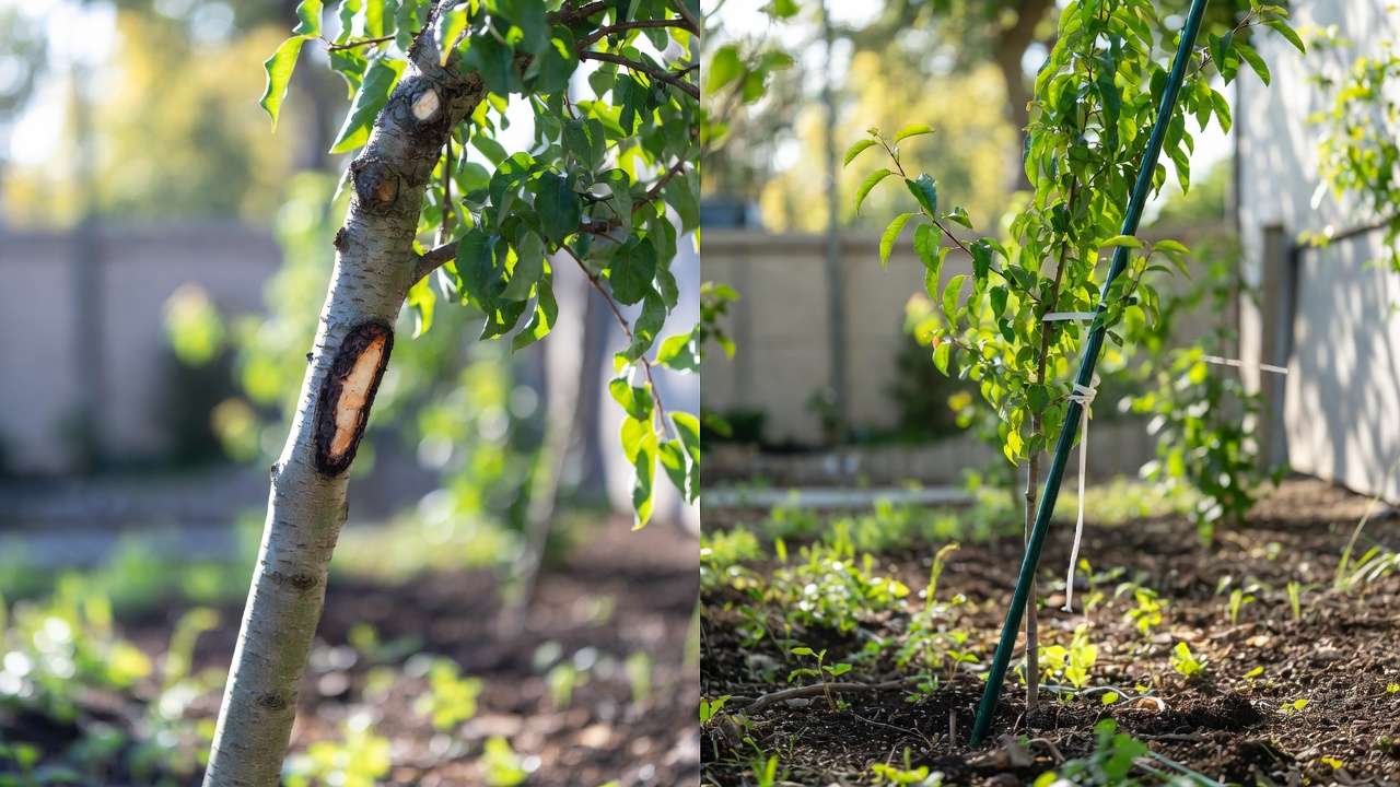 Before and after corrective staking of a leaning young fruit tree, showing straightened trunk with proper angled support.