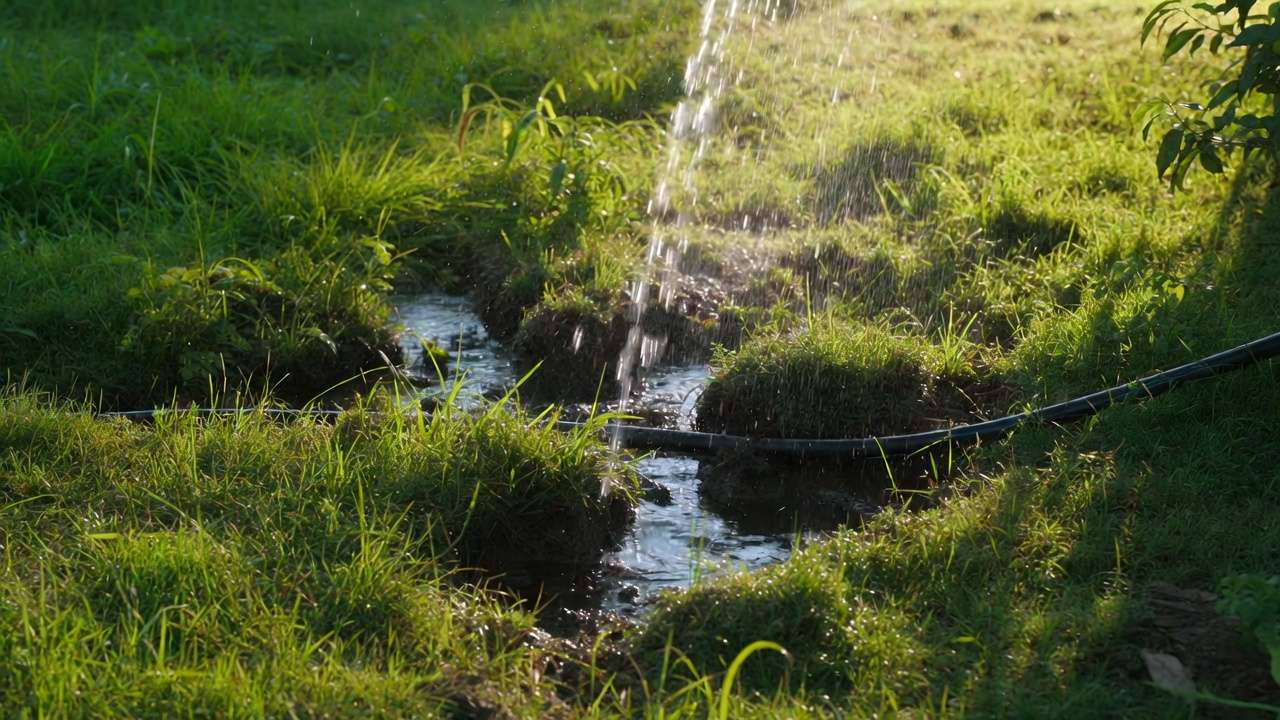 Deep watering with soaker hose on green tropical lawn for better root penetration and water efficiency