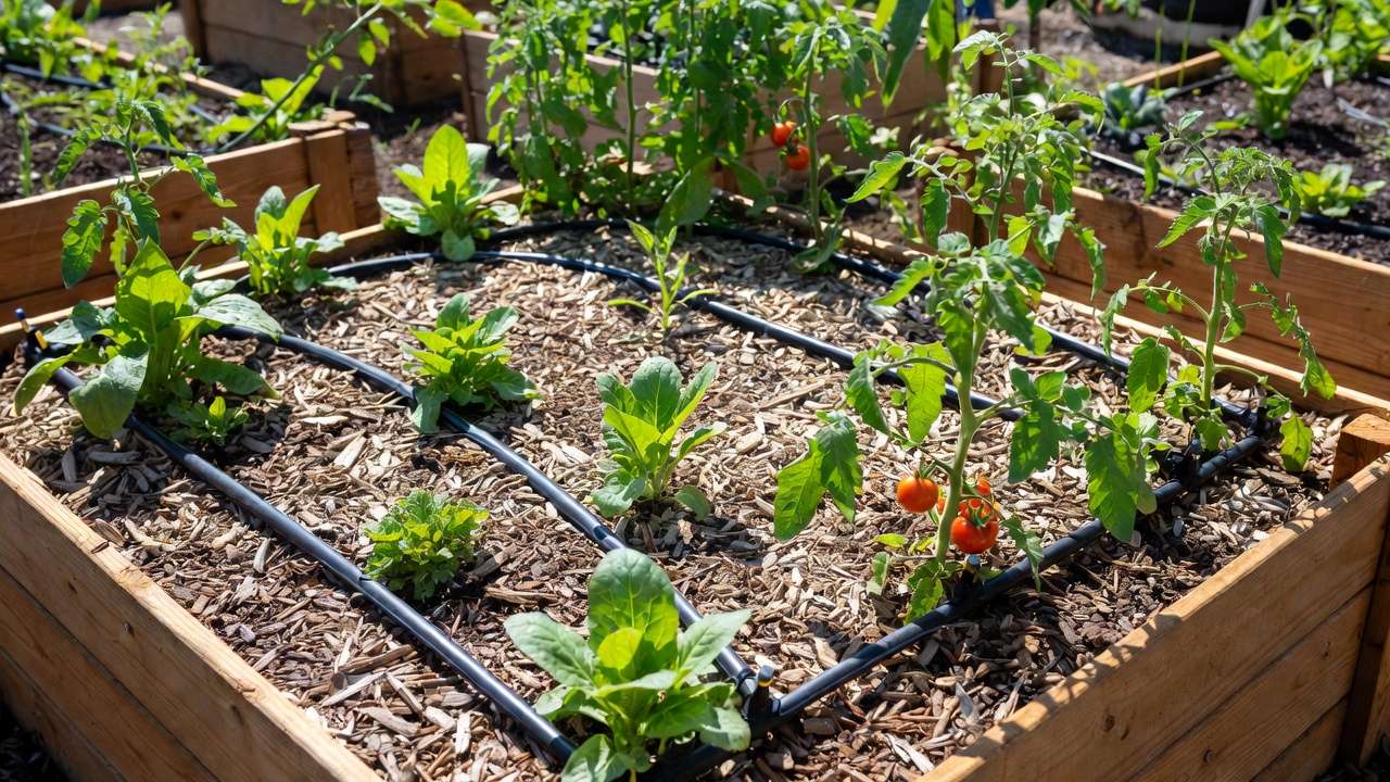 Drip irrigation and soaker hoses under mulch for efficient low-evaporation watering in garden bed