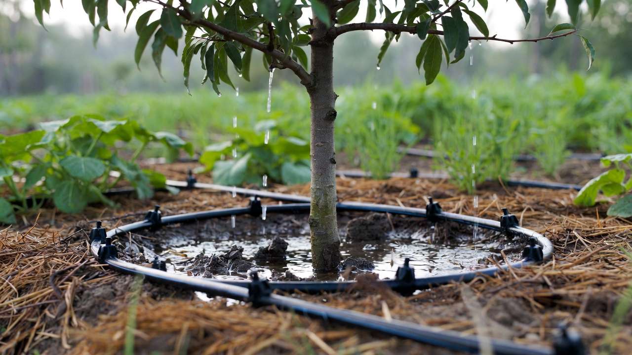 Drip irrigation watering tree base with mulch for deep root absorption in landscape