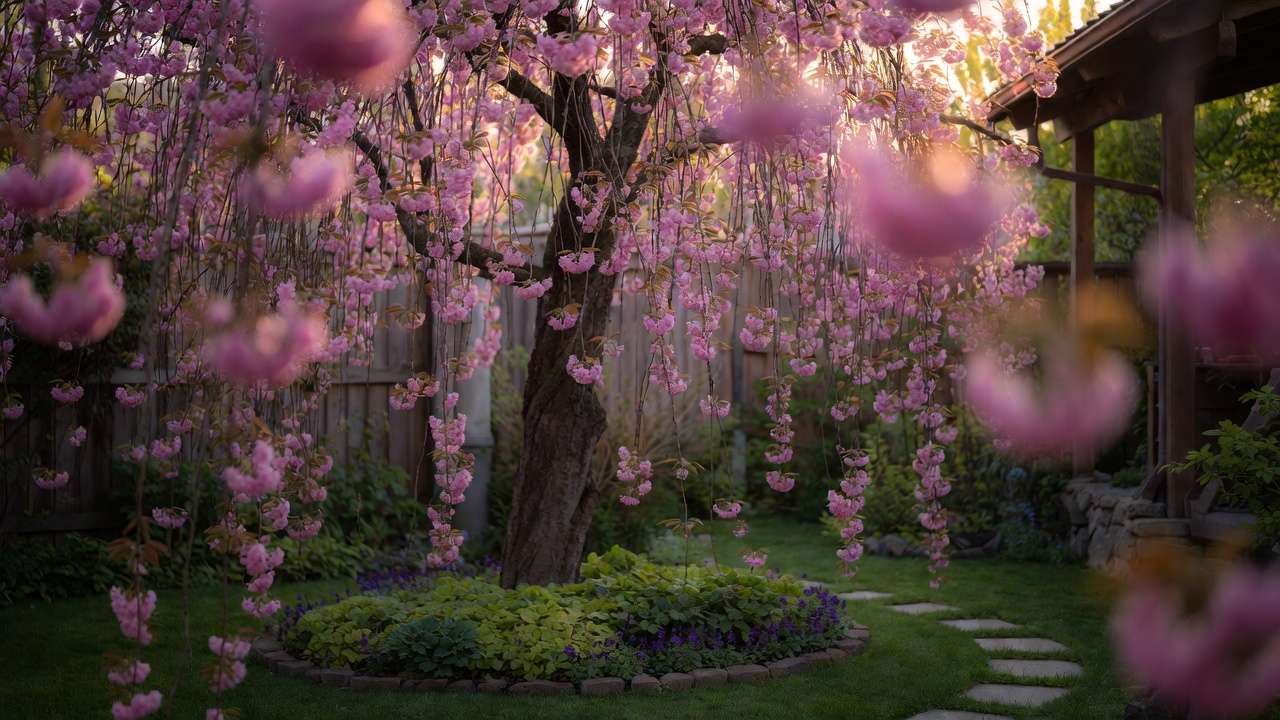 Weeping cherry tree focal point with spring pink blooms in small yard landscaping desig