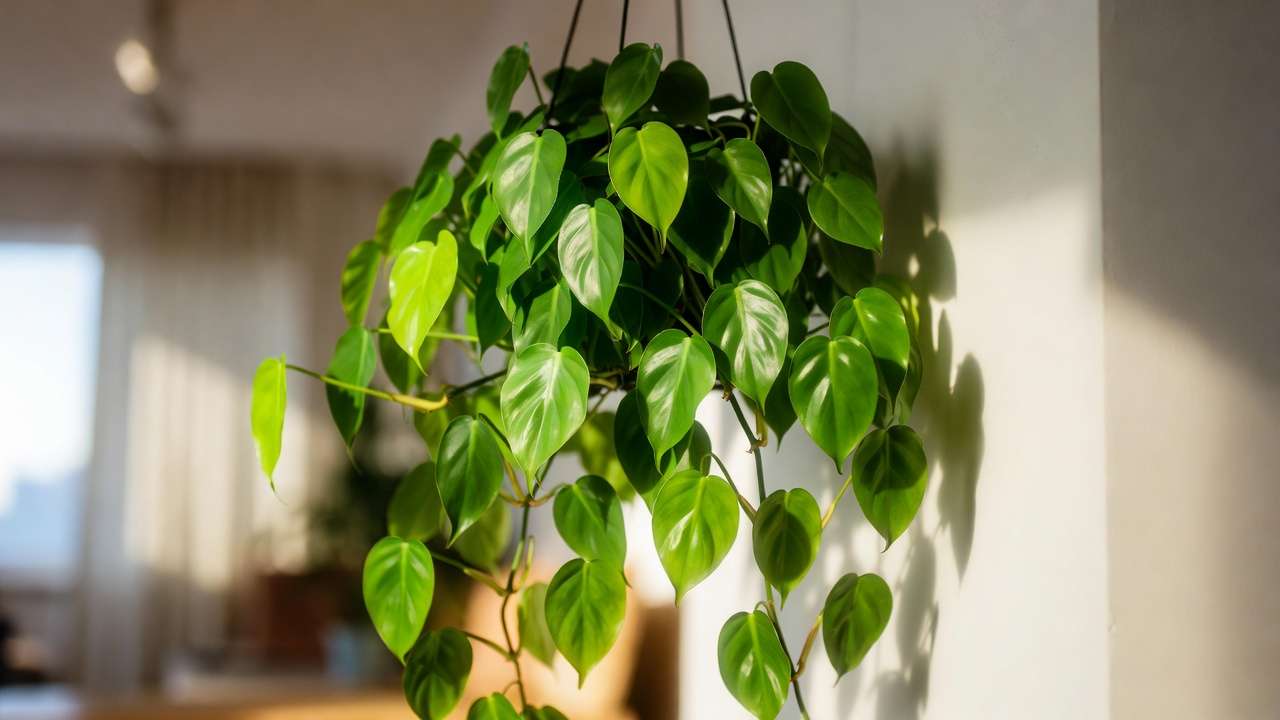 Close-up of healthy heartleaf philodendron leaves showcasing natural air-purifying foliage in bright indoor light.