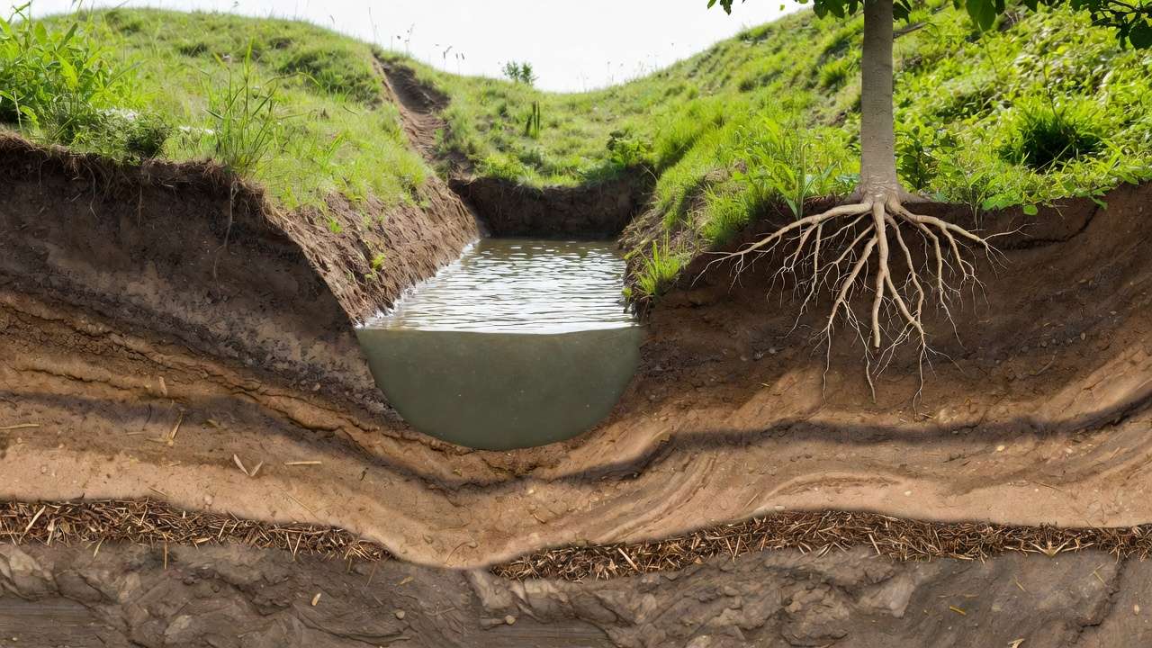 Cross-section view of a swale and berm showing water harvesting and tree planting placement