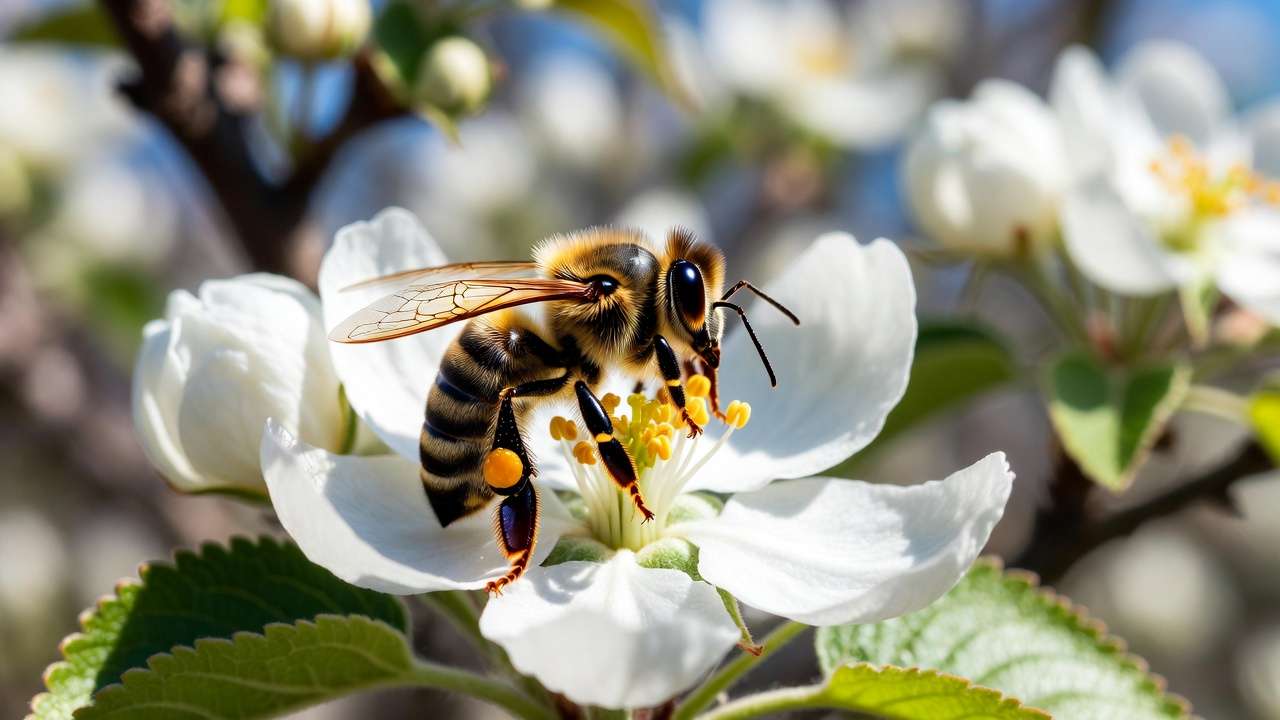 Honey bee pollinating apple blossom on fruit tree branch