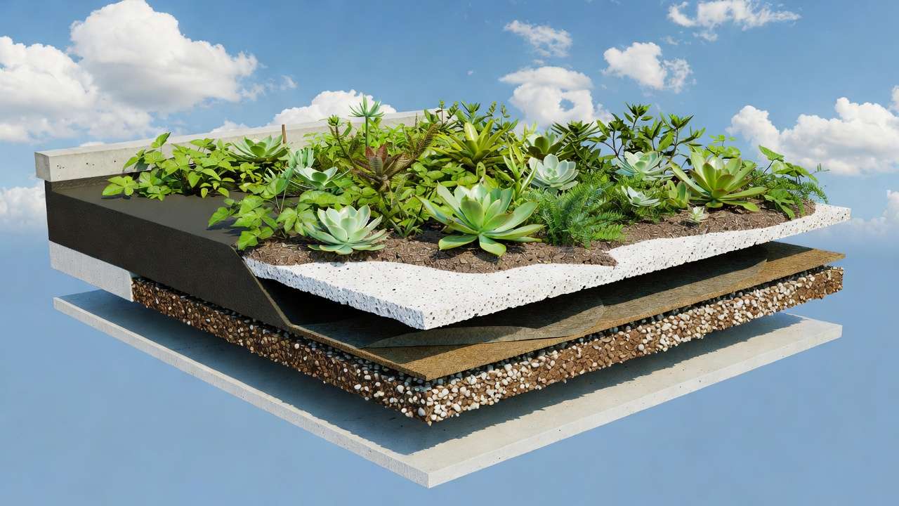 Cross-section of extensive green roof layers on a homeowner's rooftop showing waterproofing, drainage, and succulent plants