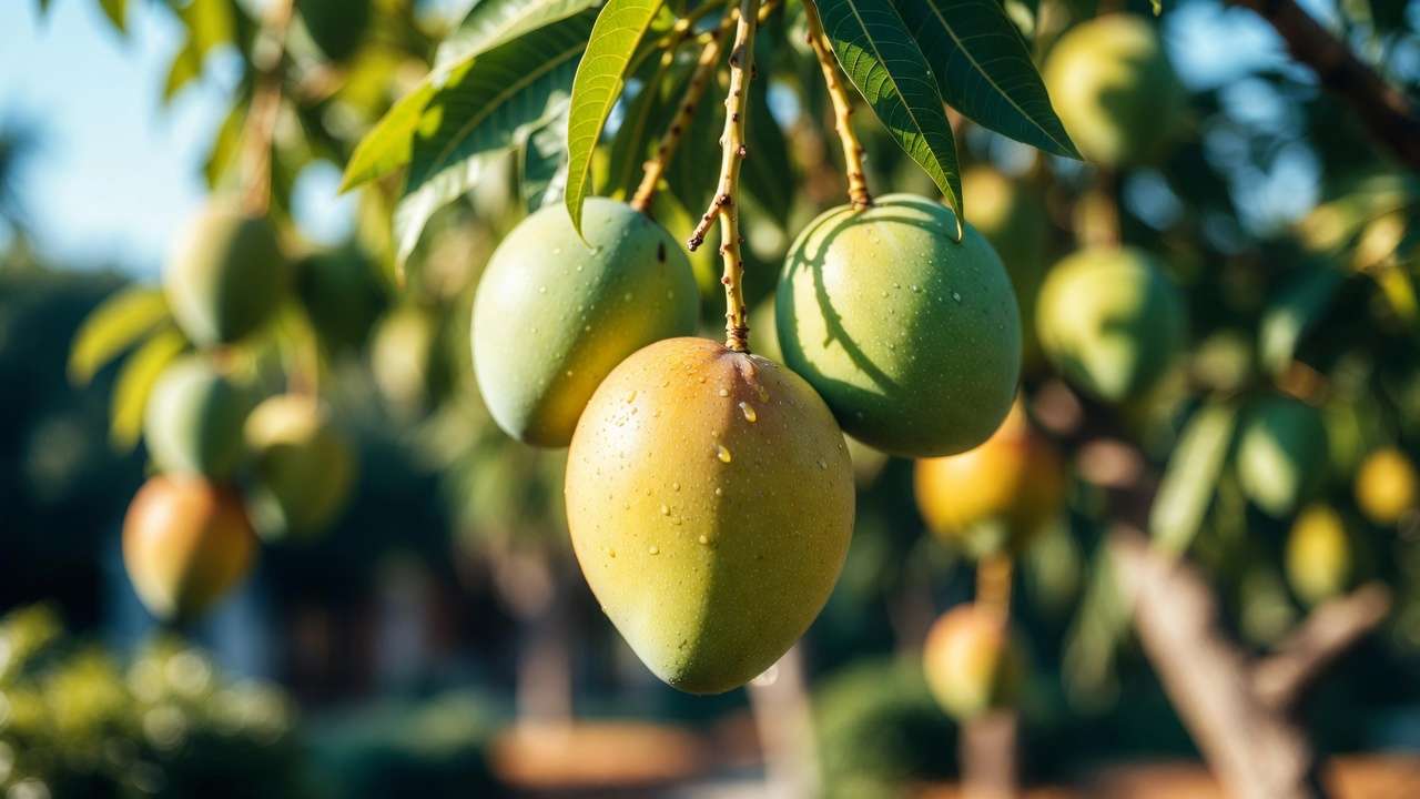 Close-up of mangoes at different ripening stages on tree branch showing natural ethylene effects