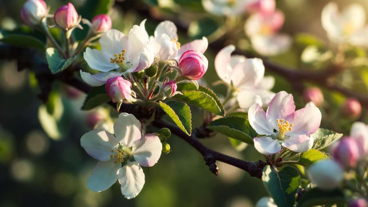 Close-up of apple blossoms turning into young fruitlets illustrating natural fruit set process in fruit trees