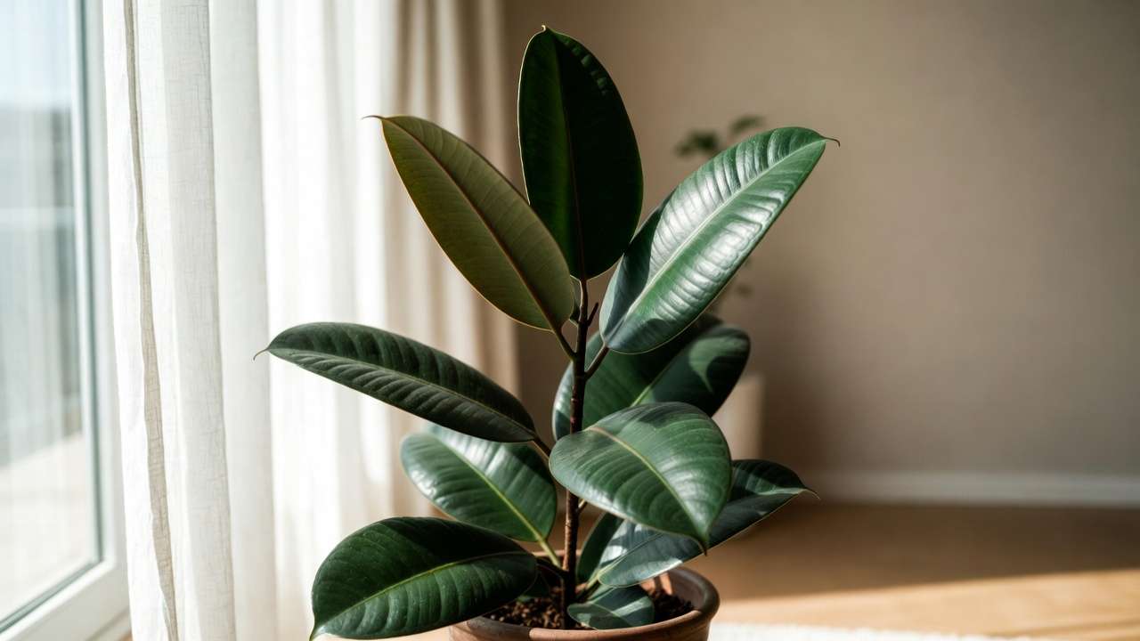 Healthy classic green rubber plant (Ficus elastica) thriving in modern living room indoor setting