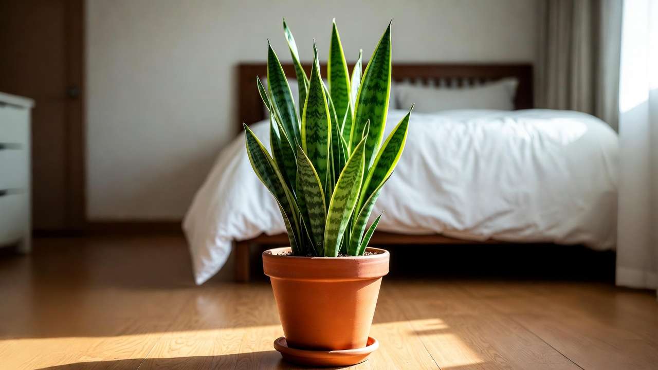 Healthy snake plant in terracotta pot in bright bedroom setting, showcasing upright variegated leaves