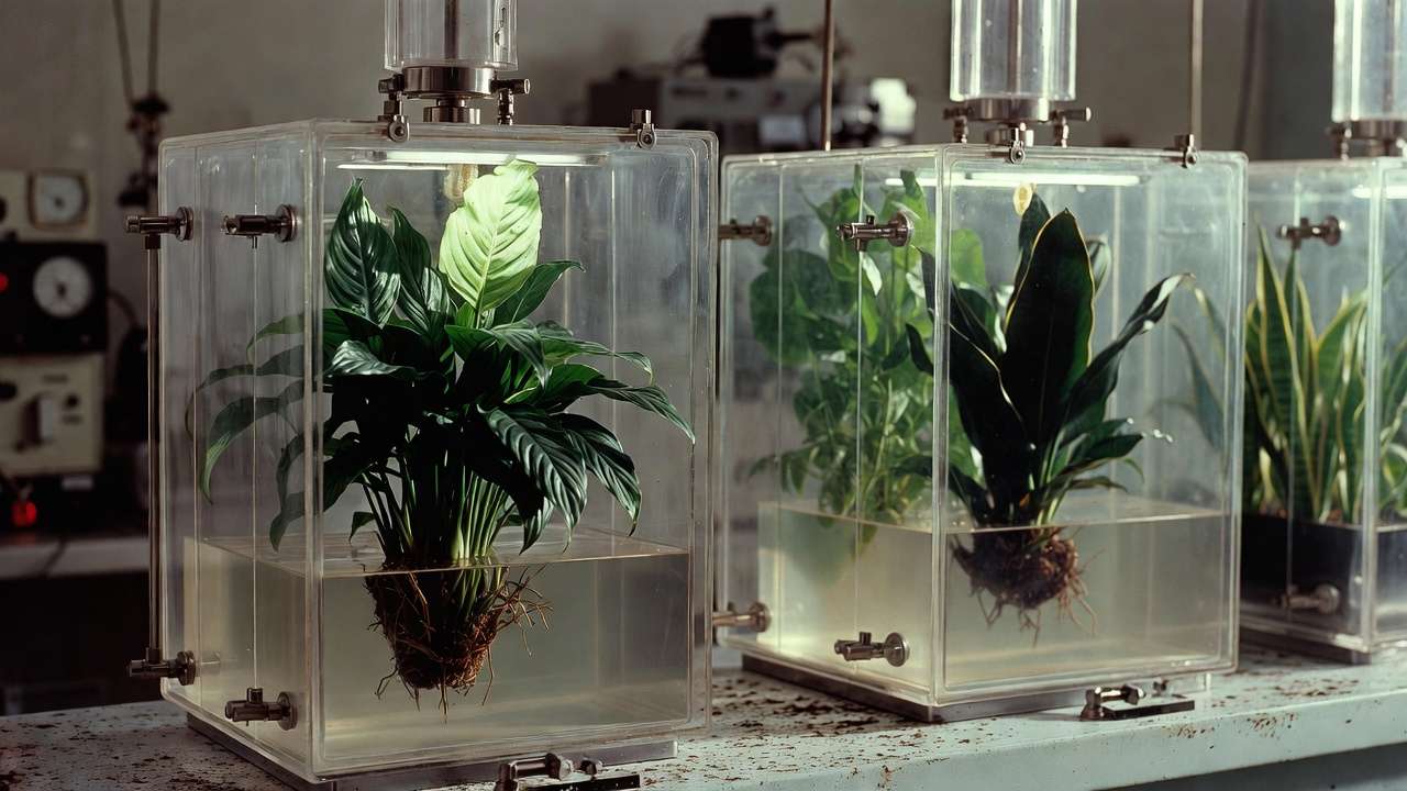 NASA clean air study sealed chamber with houseplants in lab setting