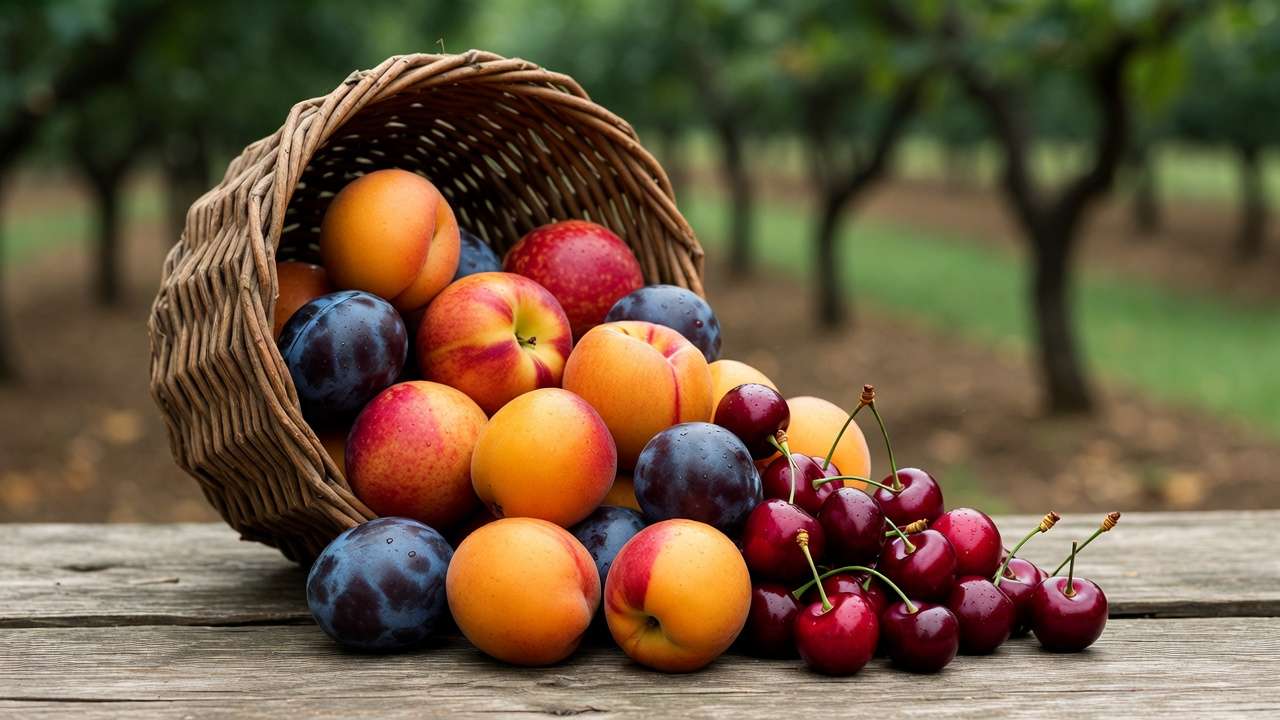Basket of freshly picked stone fruits including peaches plums cherries and apricots ready for storage or preservation