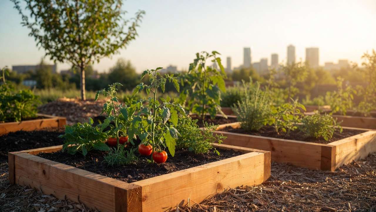 Raised garden beds with healthy plants and mulch used for urban soil remediation
