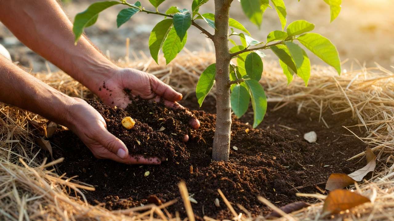Applying organic compost and manure under fruit tree drip line in tropical garden for natural feeding.