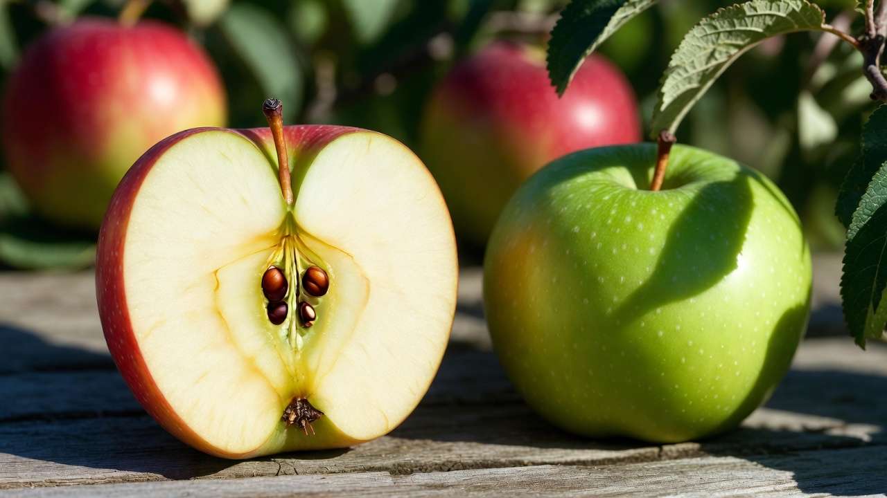 Close-up of cut apple showing brown seeds indicating ripeness vs unripe white seeds for proper harvest timing