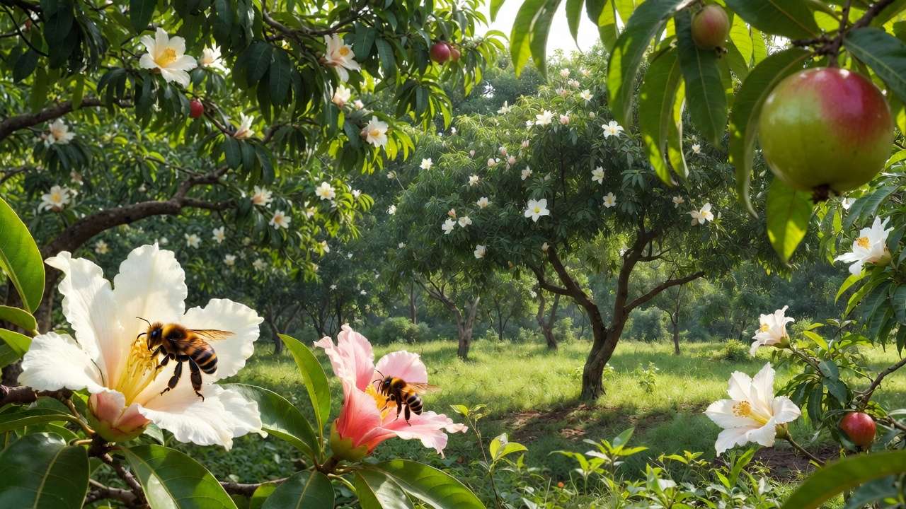 Tropical mango and guava trees with bees pollinating flowers in orchard