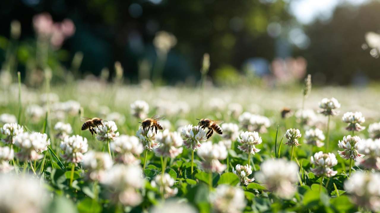 Lush microclover lawn with blooming white flowers and foraging bees, low-maintenance drought-tolerant lawn alternative