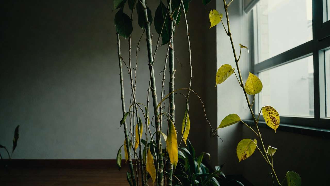Struggling low-light indoor plants showing leggy growth and yellow leaves in dim apartment