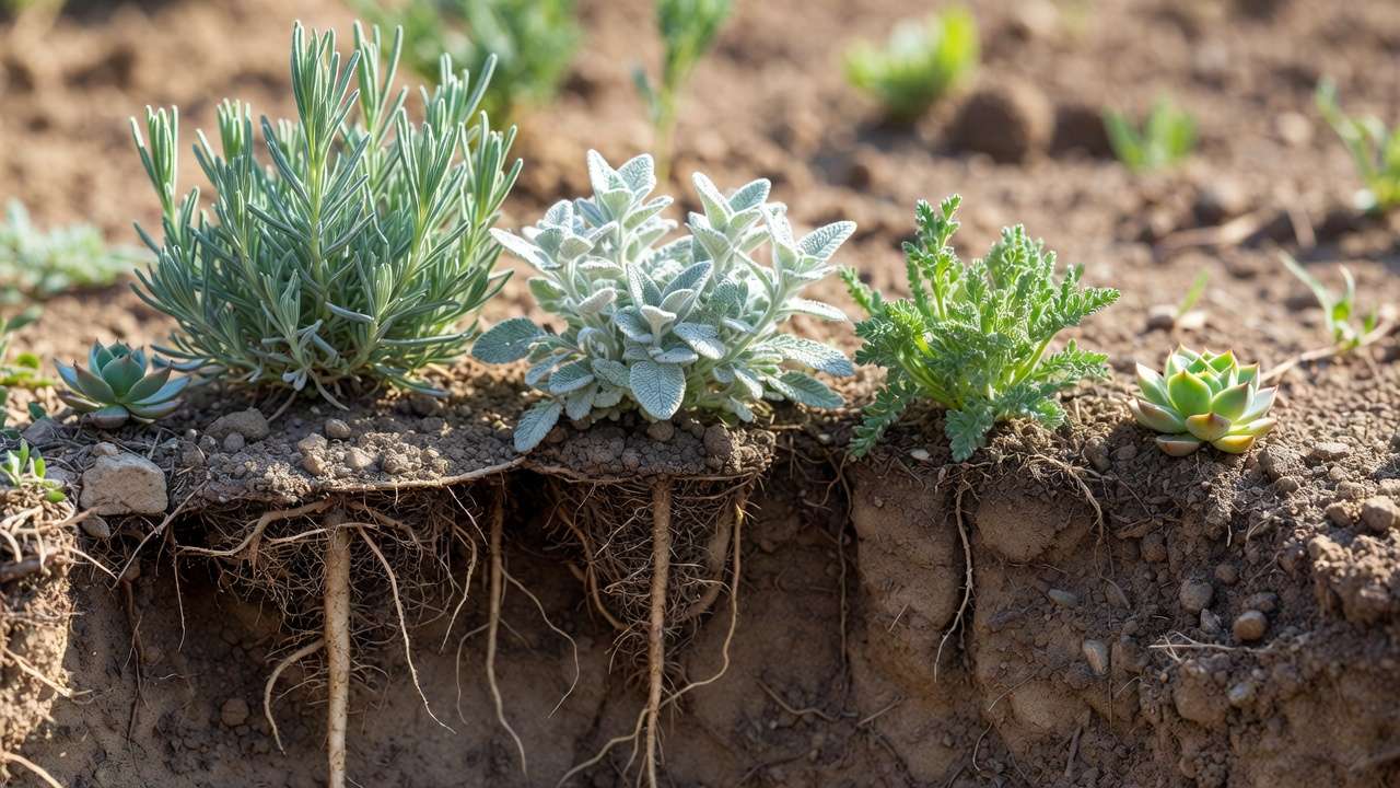 Close-up of drought-resistant plant adaptations showing deep roots and water-saving leaf features