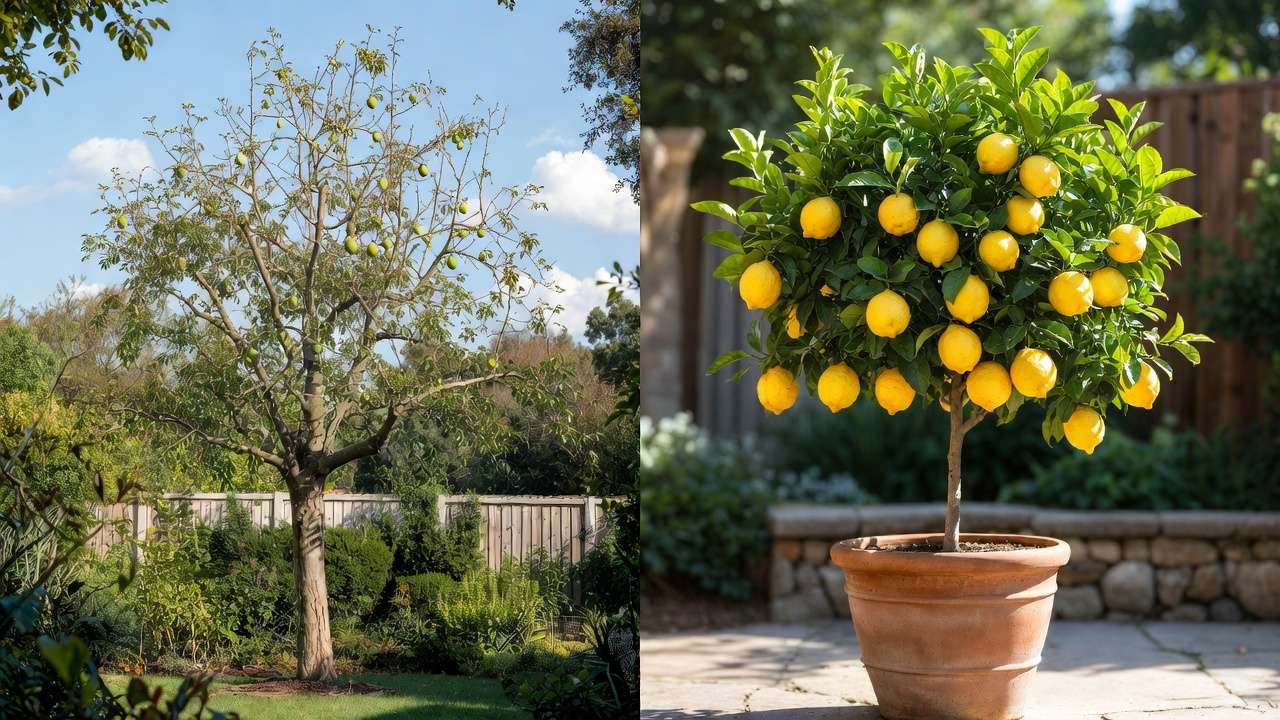 Side-by-side comparison of standard vs dwarf fruit tree in container showing space-saving benefits