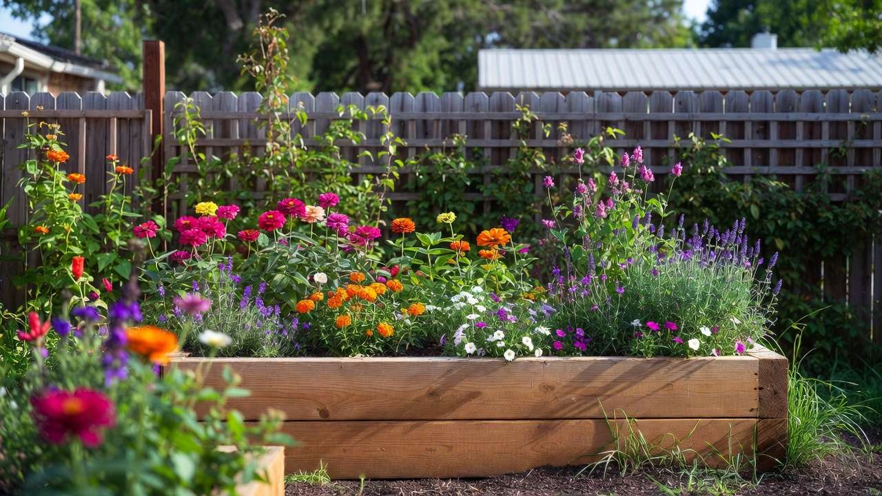 Colorful raised flower bed blooming with zinnias, lavender, and petunias in a small yard