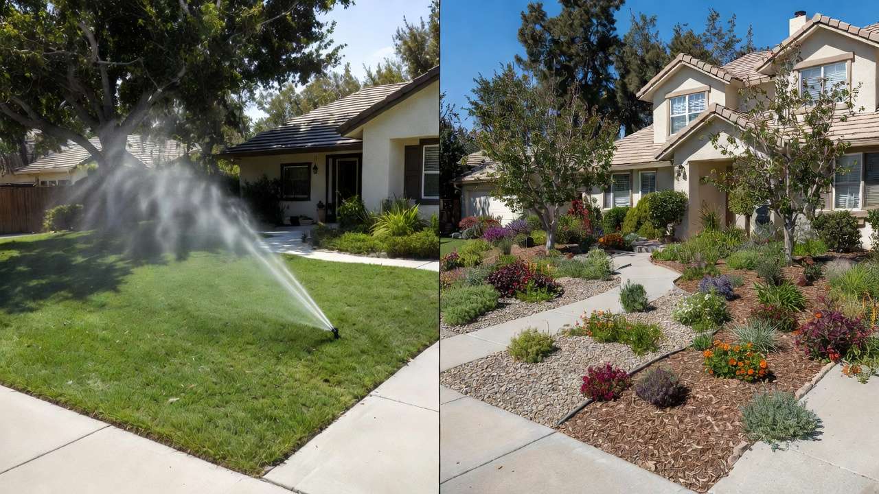 Before and after comparison of traditional lawn vs vibrant xeriscape front yard with drought-tolerant plants