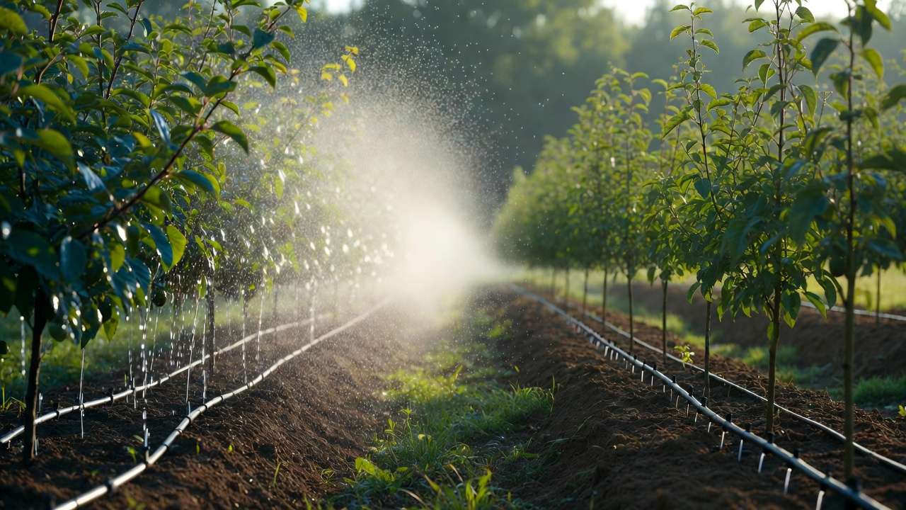 Side-by-side comparison of sprinkler vs drip irrigation in a fruit orchard showing water efficiency and dry foliage benefits