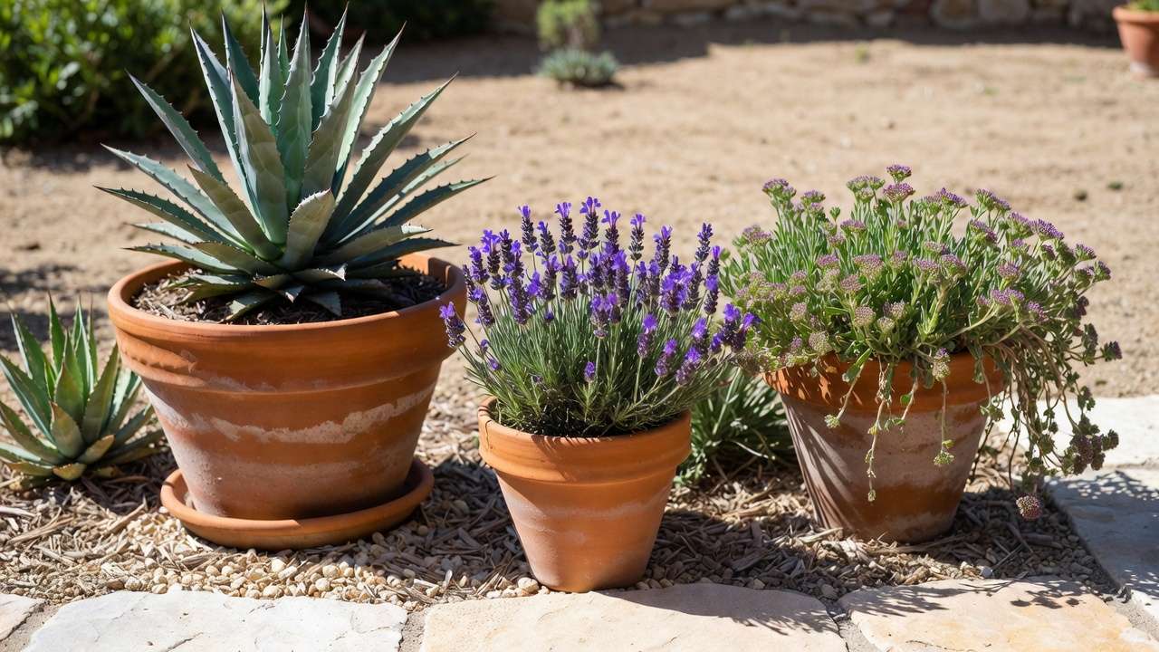 Drought-hardy plants thriving in terracotta containers on a sunny patio with excellent drainage and mulch