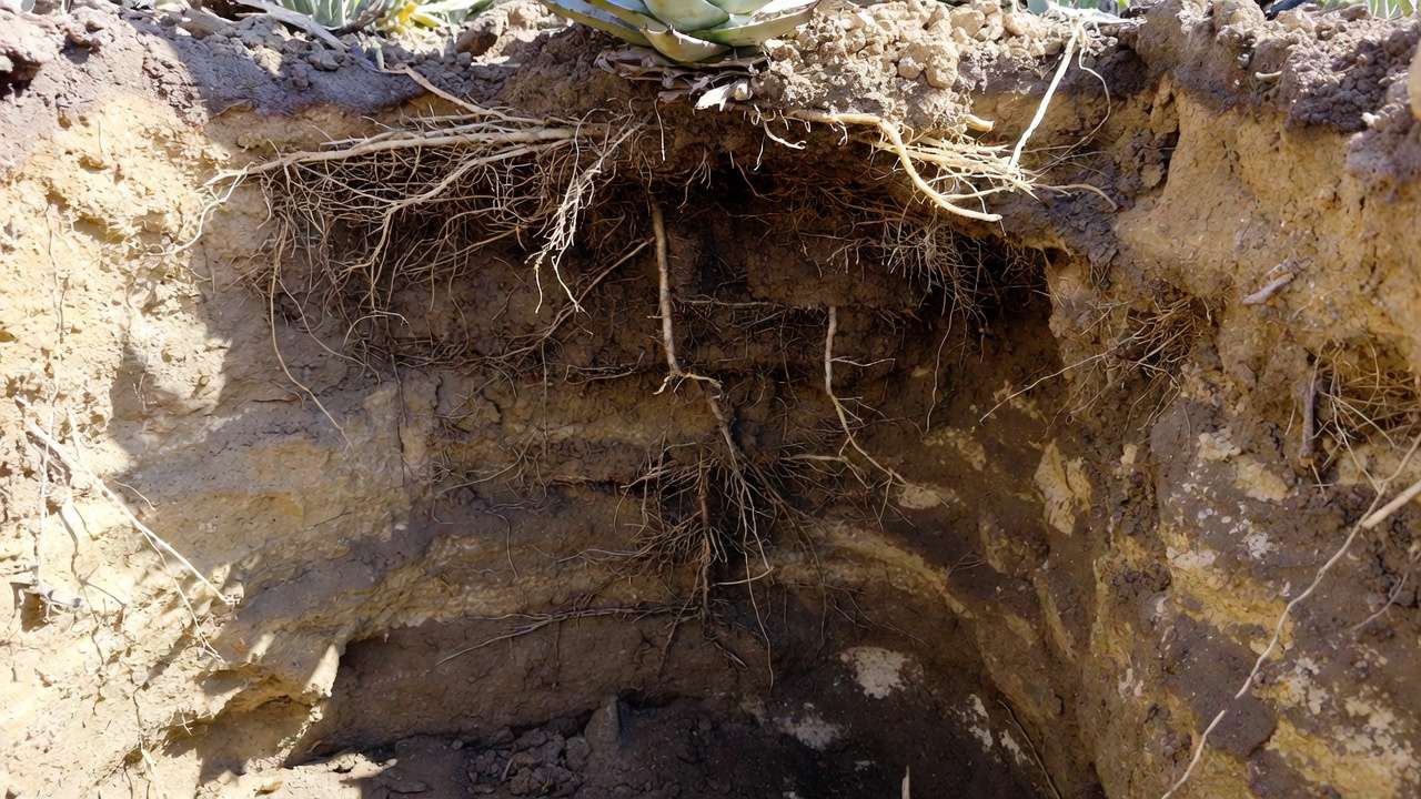 Cross-section of soil showing deep roots in drought-tolerant plant after proper infrequent deep watering.