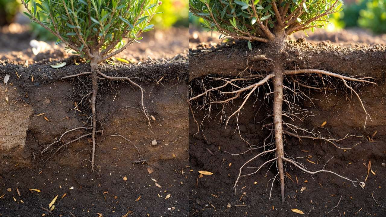 Cross-section comparison of shallow vs deep roots in drought-tolerant shrubs showing benefits of proper deep watering
