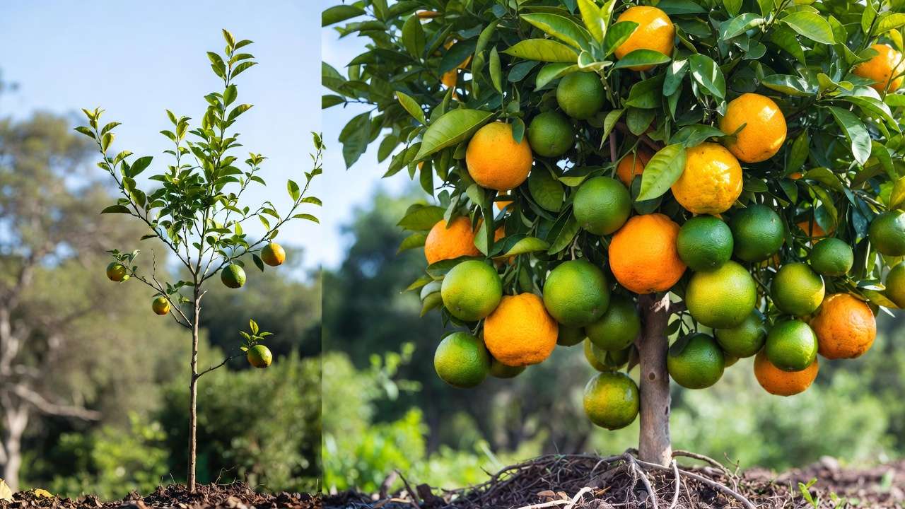 Side-by-side comparison of low-yield seedling citrus tree vs high-yield grafted citrus tree showing better fruit production
