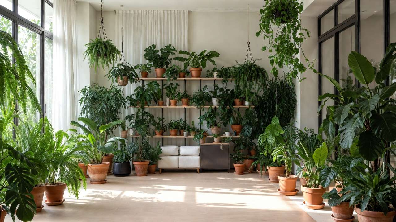 Lush indoor plants in a bright living room creating a calming biophilic environment for mental health and stress reduction