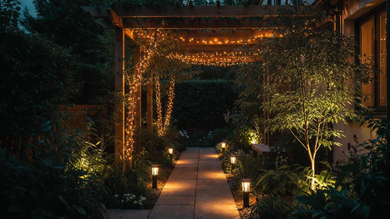 small garden at night with warm string lights and path lighting creating cozy magical atmosphere