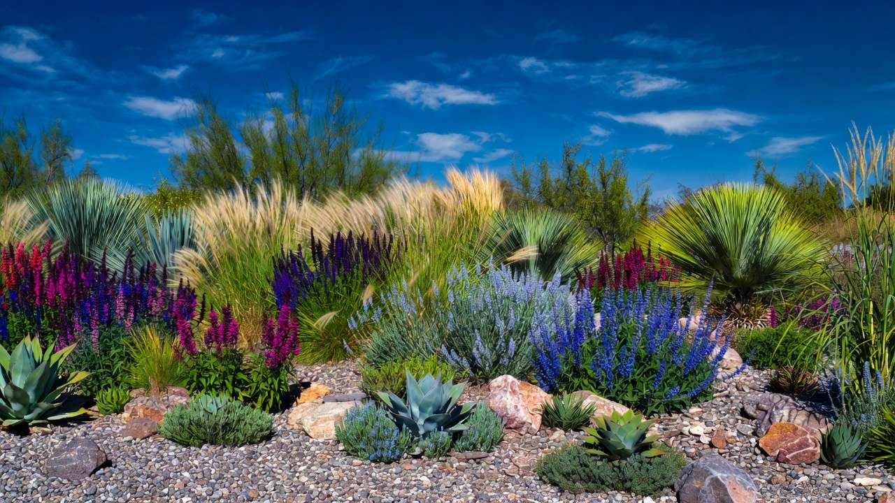 Thriving drought-tolerant xeriscape garden with native plants and natural mulch showing healthy low-input growth